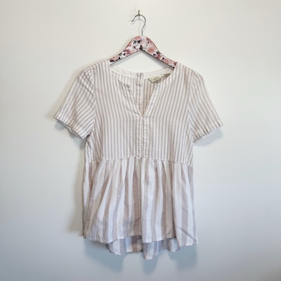 Anthropologie 11 TYLHO Vintage Stripe Peplum Blouse Top Tan Cream S Small - Picture 3 of 9